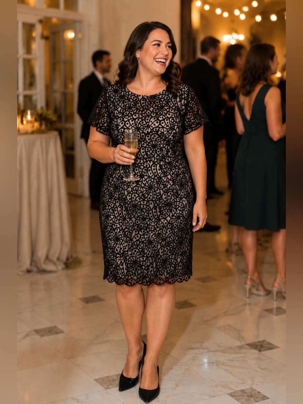 LOFT Size 16 Black Lace Short Sleeve Sheath Dress with Nude Lining